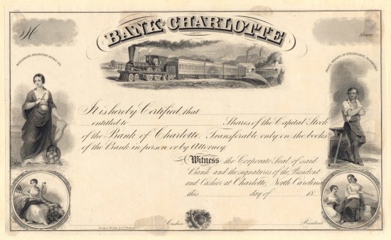 Proof Stock Certificate on the Bank of Charlotte