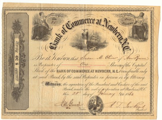 Stock Certificate on the Bank of Commerce at Newbern