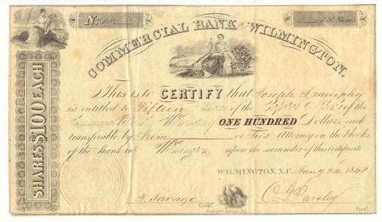 Stock Certificate on the Commercial Bank of Wilmington