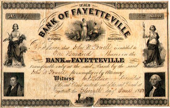 Stock Certificate on the Bank of Fayetteville, Fayetteville