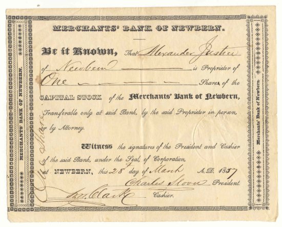 Stock Certificate on the Merchants Bank, Newbern Type I