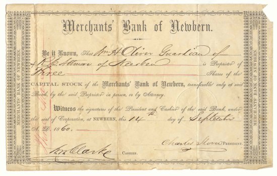 Stock Certificate on the Merchants Bank, Newbern Type II