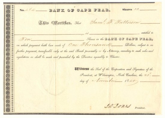 Stock Certificate on the Bank of Cape Fear, Wilmington (Type I)