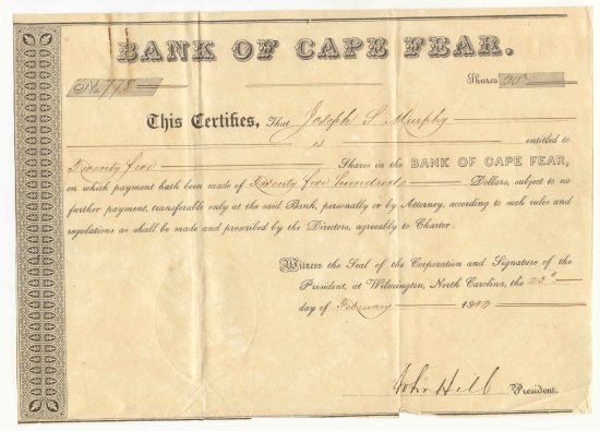 Stock Certificate on the Bank of Cape Fear, Wilmington  (Type II)