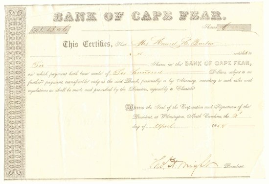 Stock Certificate on the Bank of Cape Fear, Wilmington  (Type II)