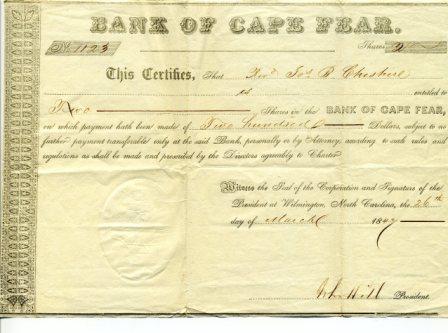 Stock Certificate on the Bank of Cape Fear, Wilmington (Type III)