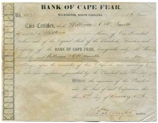 Stock Certificate on the Bank of Cape Fear, Wilmington (Type IV)