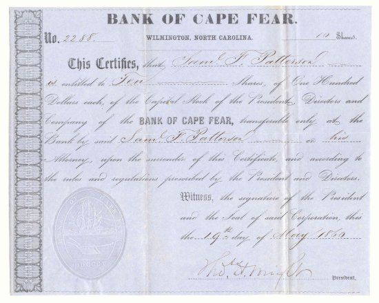 Stock Certificate on the Bank of Cape Fear, Wilmington (Type IV)